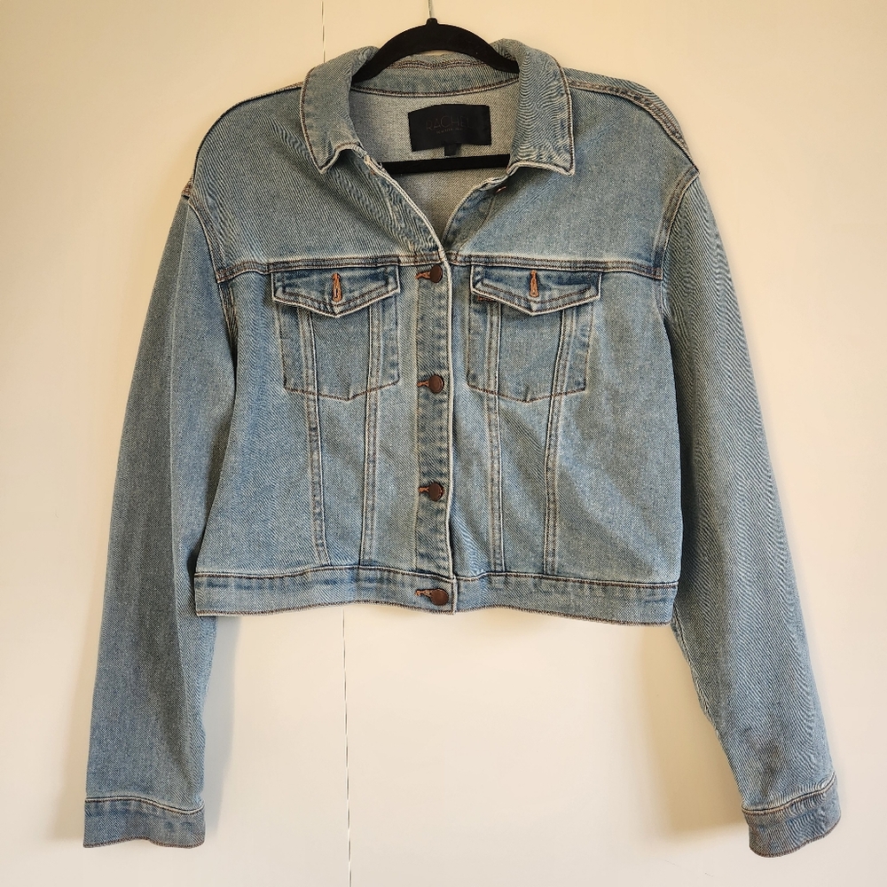 Rachel Roy Cropped Denim Jacket Light Wash Button Front Size L